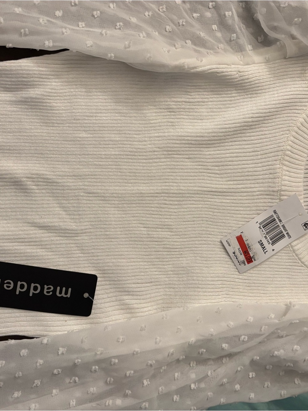 Madden Girl White Textured Ribbed Top with Dot-Pattern Sleeves - Picture 4 of 8